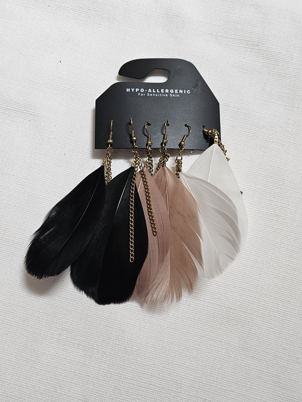 Feather Drop Earrings Trio in Black, Blush & White